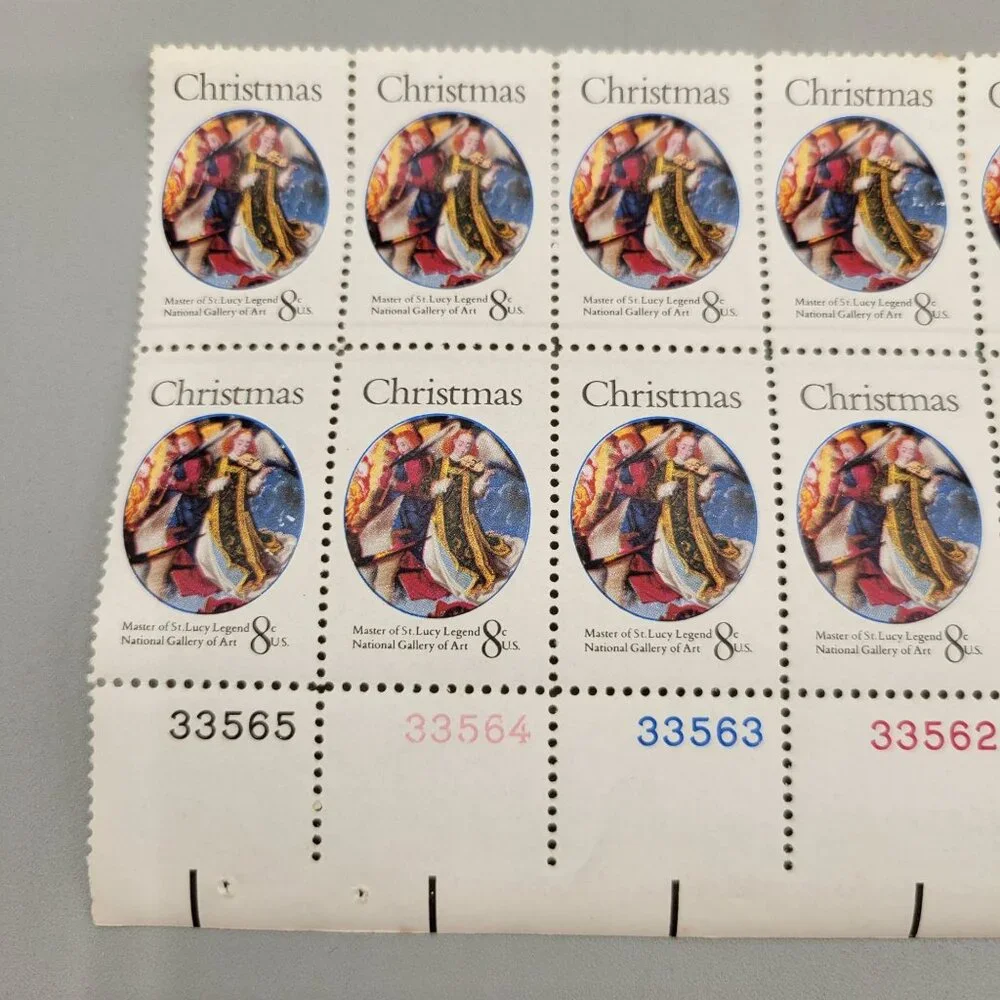 1970s USPS Christmas Master of St Lucy Legend Pane of 12 8 Cent Stamps